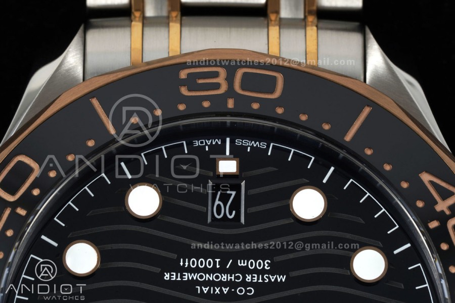 Seamaster Diver 300M SS/RG ORF 1:1 Best Edition Black Ceramic Black Dial on SS/RG Bracelet OR8800 Super Clone