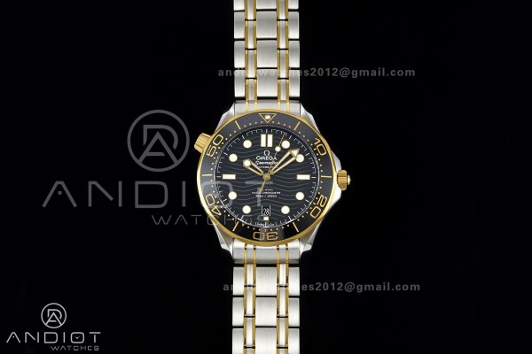 Seamaster Diver 300M SS/YG ORF 1:1 Best Edition Black Ceramic Black Dial on SS/YG Bracelet OR8800 Super Clone