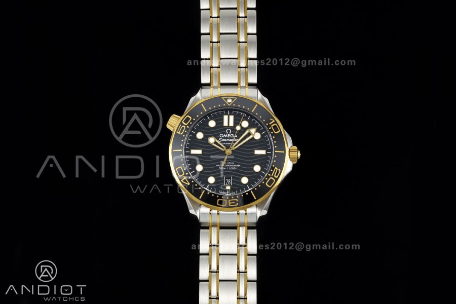 Seamaster Diver 300M SS/YG ORF 1:1 Best Edition Black Ceramic Black Dial on SS/YG Bracelet OR8800 Super Clone