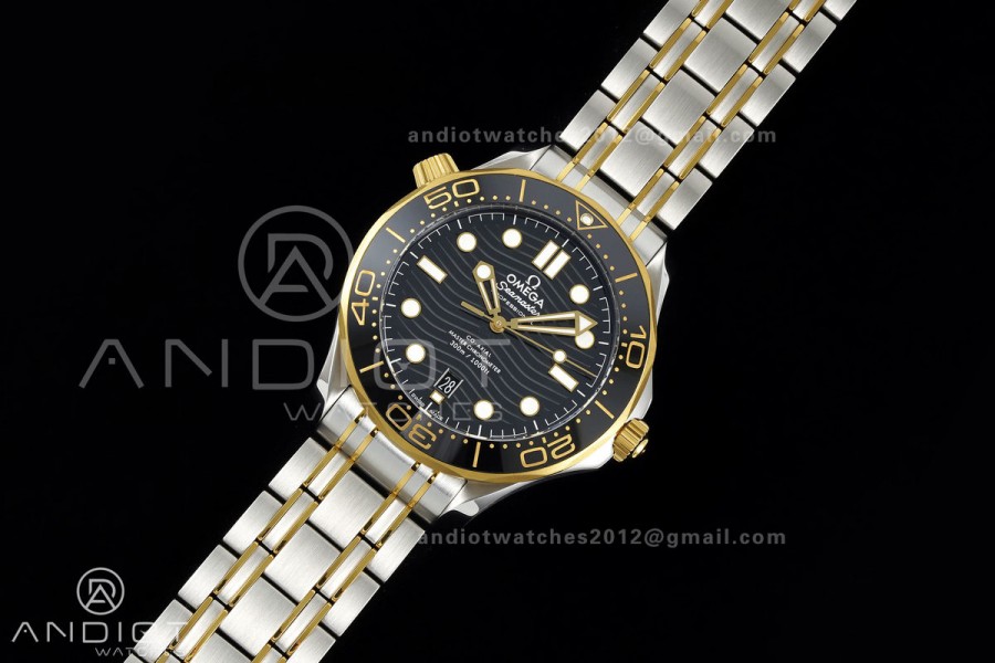 Seamaster Diver 300M SS/YG ORF 1:1 Best Edition Black Ceramic Black Dial on SS/YG Bracelet OR8800 Super Clone
