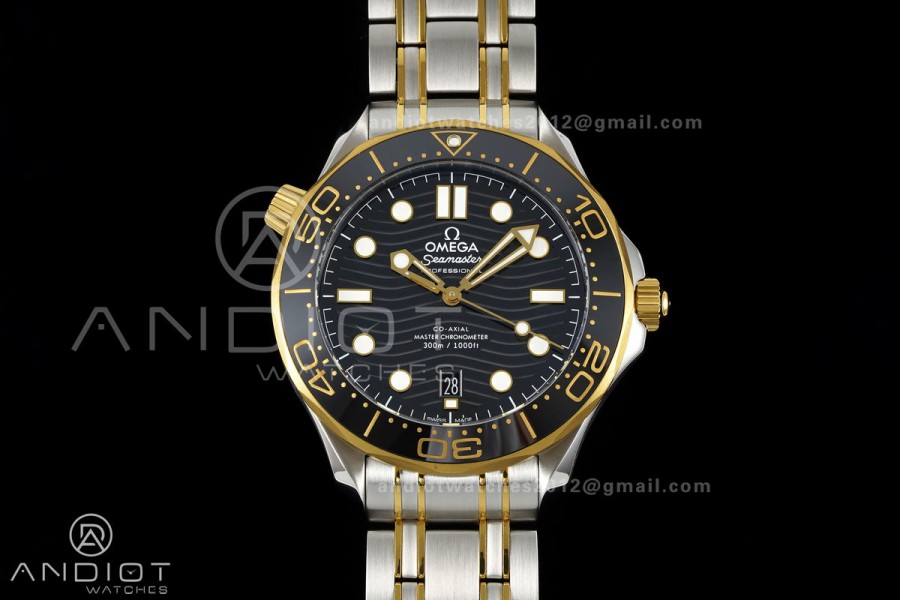 Seamaster Diver 300M SS/YG ORF 1:1 Best Edition Black Ceramic Black Dial on SS/YG Bracelet OR8800 Super Clone