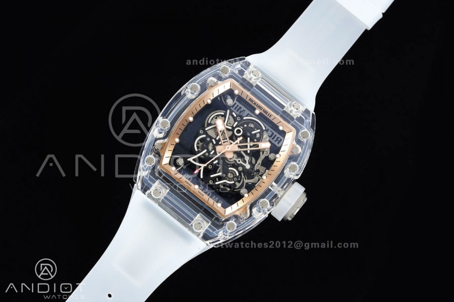 RM055 Crystal SONIC Best Edition Gold Inner Bezel Gray Crown on Transparent Rubber Strap RMUL2 Super Clone