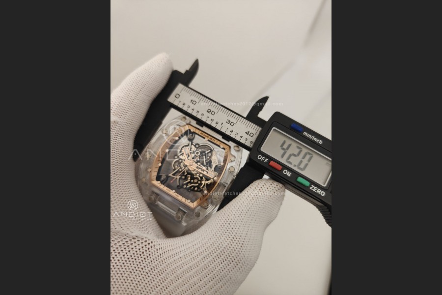 RM055 Crystal SONIC Best Edition Gold Inner Bezel Gray Crown on Transparent Rubber Strap RMUL2 Super Clone