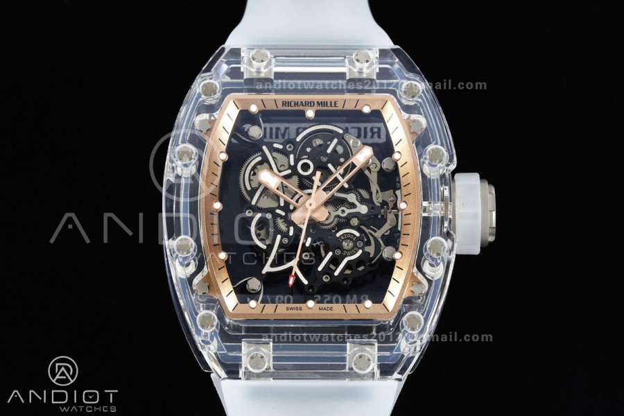 RM055 Crystal SONIC Best Edition Gold Inner Bezel Gray Crown on Transparent Rubber Strap RMUL2 Super Clone