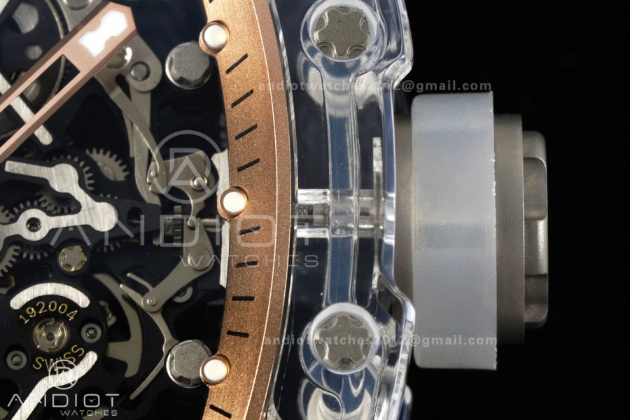 RM055 Crystal SONIC Best Edition Gold Inner Bezel Gray Crown on Transparent Rubber Strap RMUL2 Super Clone