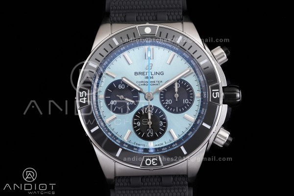 Chronomat B01 44mm SS BLSF 1:1 Best Edition Ice Blue Dial on Black Rubber Strap A7750