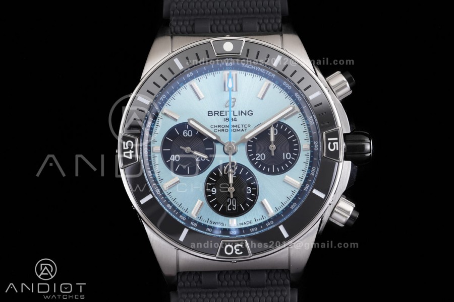 Chronomat B01 44mm SS BLSF 1:1 Best Edition Ice Blue Dial on Black Rubber Strap A7750