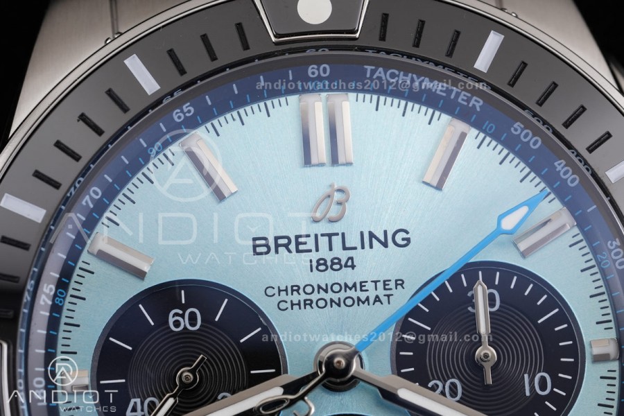 Chronomat B01 44mm SS BLSF 1:1 Best Edition Ice Blue Dial on Black Rubber Strap A7750