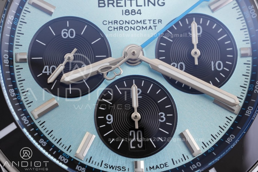 Chronomat B01 44mm SS BLSF 1:1 Best Edition Ice Blue Dial on Black Rubber Strap A7750