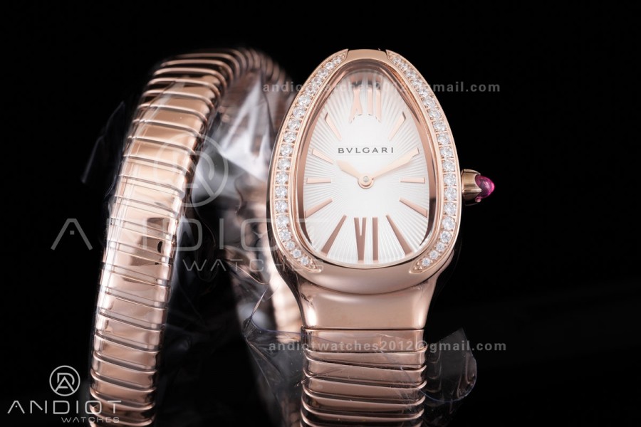Serpenti 35mm Diamonds Bezel RG BVF 1:1 Best Edition White Dial on RG Bracelet Ronda Quartz