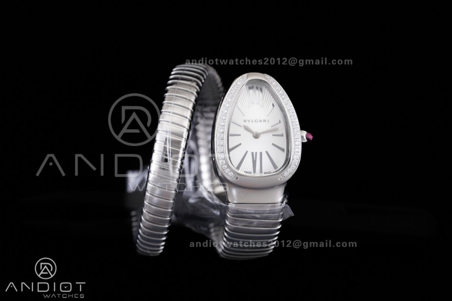 Serpenti 35mm Diamonds Bezel SS BVF 1:1 Best Edition Silver Dial on SS Bracelet Ronda Quartz