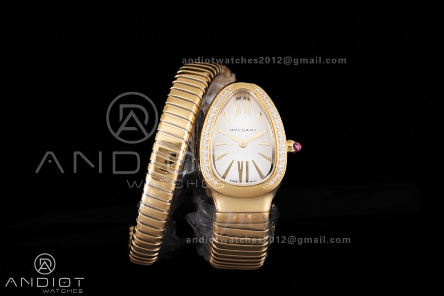 Serpenti 35mm Diamonds Bezel YG BVF 1:1 Best Edition Silver Dial on YG Bracelet Ronda Quartz