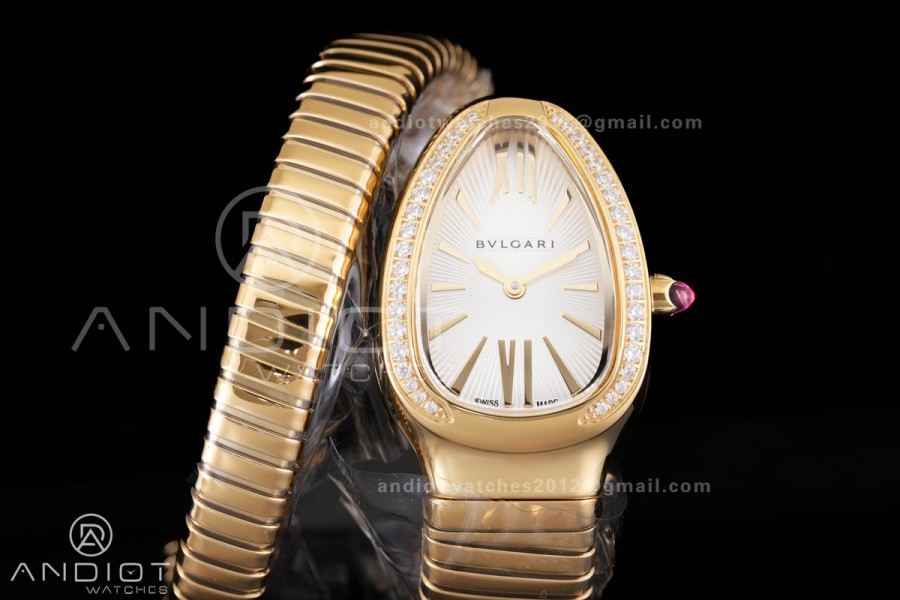 Serpenti 35mm Diamonds Bezel YG BVF 1:1 Best Edition Silver Dial on YG Bracelet Ronda Quartz