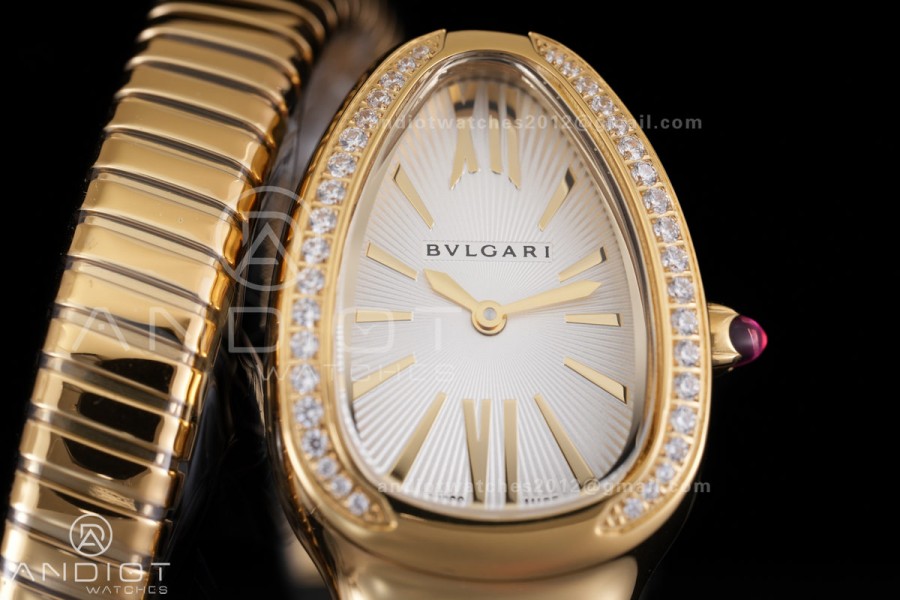 Serpenti 35mm Diamonds Bezel YG BVF 1:1 Best Edition Silver Dial on YG Bracelet Ronda Quartz