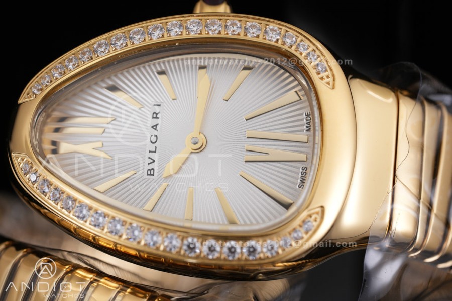 Serpenti 35mm Diamonds Bezel YG BVF 1:1 Best Edition Silver Dial on YG Bracelet Ronda Quartz