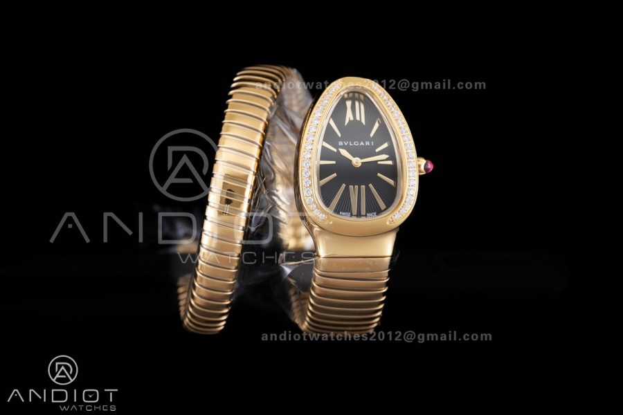 Serpenti 35mm Diamonds Bezel YG BVF 1:1 Best Edition Black Dial on YG Bracelet Ronda Quartz