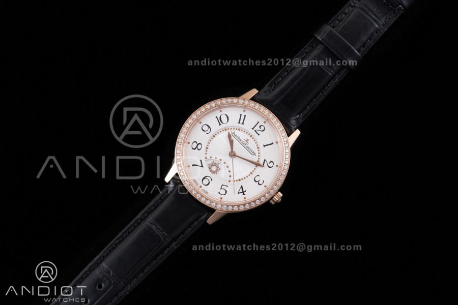 Rendez-Vous Night & Day RG APSF 1:1 Best Edition White Dial Diamonds Bezel on Black Leather Strap SA898