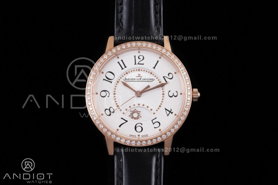 Rendez-Vous Night & Day RG APSF 1:1 Best Edition White Dial Diamonds Bezel on Black Leather Strap SA898