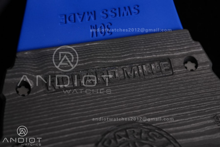 RM035-01 Paris Black Carbon ZF Best Edition Skeleton Dial On Blue Rubber Strap Super Clone RMUL1