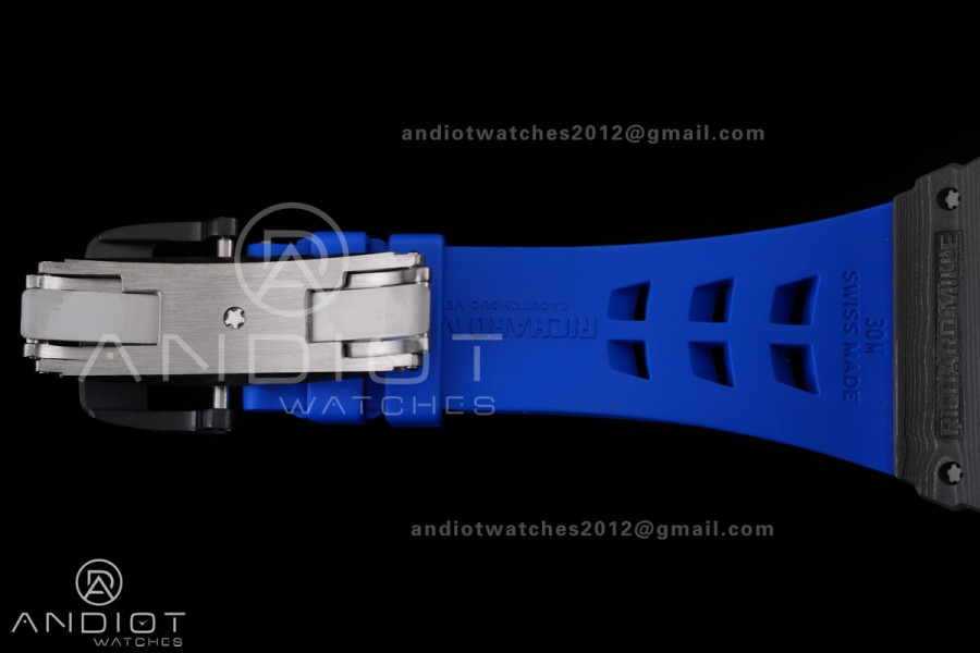RM035-01 Paris Black Carbon ZF Best Edition Skeleton Dial On Blue Rubber Strap Super Clone RMUL1