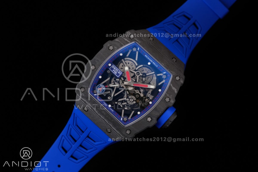 RM035-01 Paris Black Carbon ZF Best Edition Skeleton Dial On Blue Rubber Strap Super Clone RMUL1