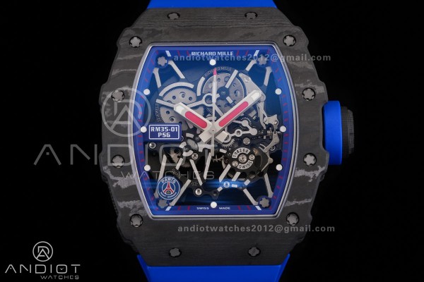 RM035-01 Paris Black Carbon ZF Best Edition Skeleton Dial On Blue Rubber Strap Super Clone RMUL1