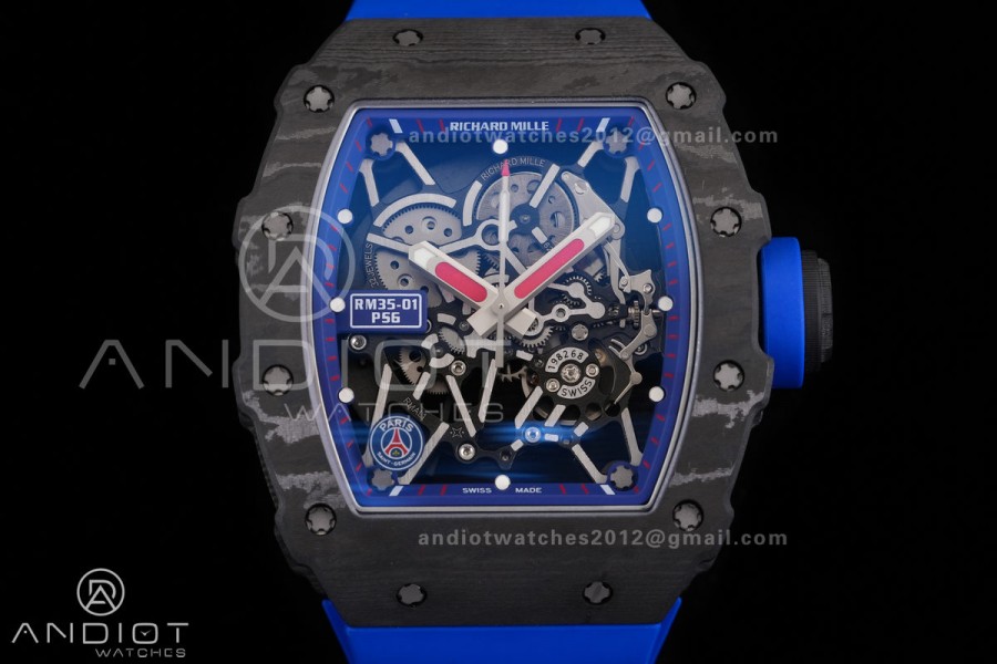 RM035-01 Paris Black Carbon ZF Best Edition Skeleton Dial On Blue Rubber Strap Super Clone RMUL1