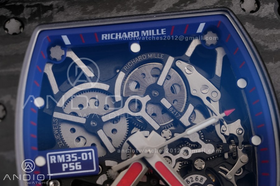 RM035-01 Paris Black Carbon ZF Best Edition Skeleton Dial On Blue Rubber Strap Super Clone RMUL1