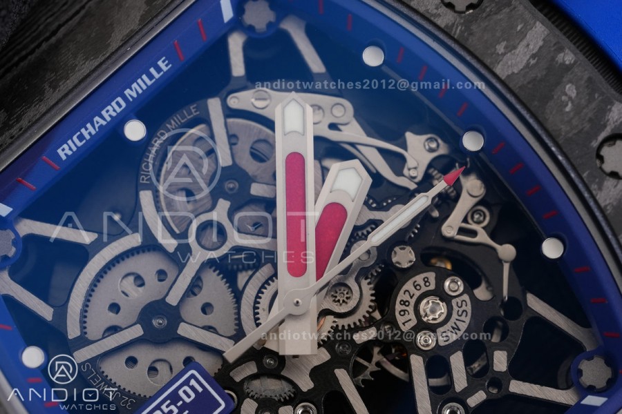 RM035-01 Paris Black Carbon ZF Best Edition Skeleton Dial On Blue Rubber Strap Super Clone RMUL1
