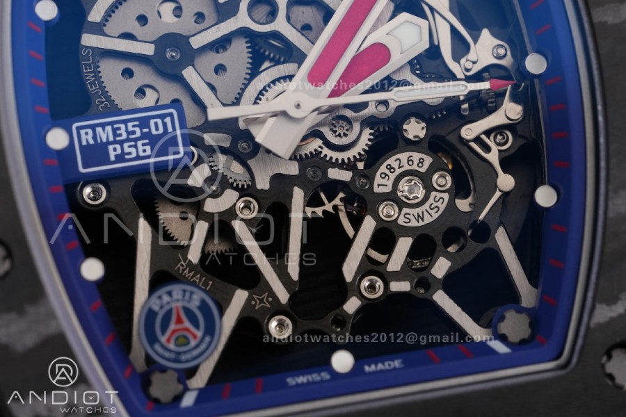 RM035-01 Paris Black Carbon ZF Best Edition Skeleton Dial On Blue Rubber Strap Super Clone RMUL1