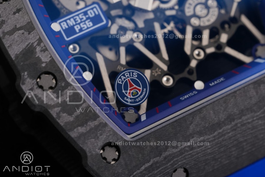 RM035-01 Paris Black Carbon ZF Best Edition Skeleton Dial On Blue Rubber Strap Super Clone RMUL1