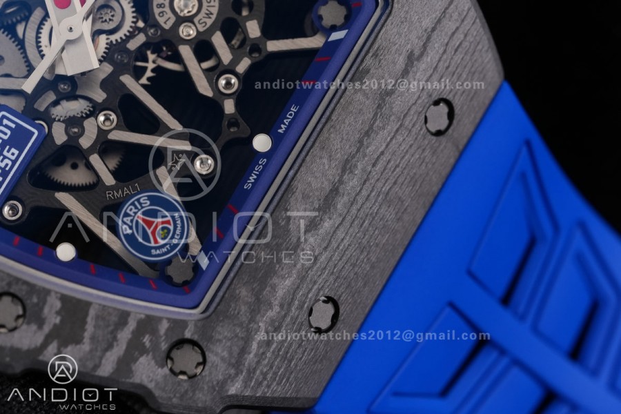 RM035-01 Paris Black Carbon ZF Best Edition Skeleton Dial On Blue Rubber Strap Super Clone RMUL1