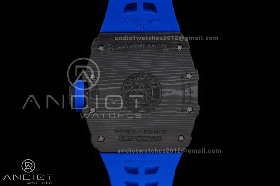 RM035-01 Paris Black Carbon ZF Best Edition Skeleton Dial On Blue Rubber Strap Super Clone RMUL1