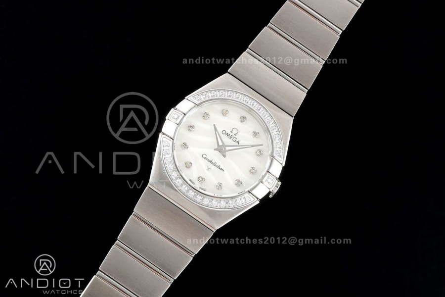 Constellation 28mm SS 8848F 1:1 Best Edition White MOP Textured Dial Diamonds Bezel on SS Bracelet ETA Quartz