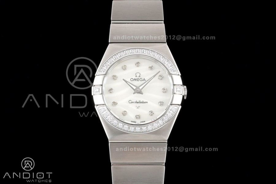 Constellation 28mm SS 8848F 1:1 Best Edition White MOP Textured Dial Diamonds Bezel on SS Bracelet ETA Quartz