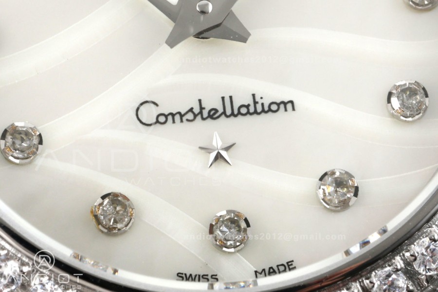Constellation 28mm SS 8848F 1:1 Best Edition White MOP Textured Dial Diamonds Bezel on SS Bracelet ETA Quartz