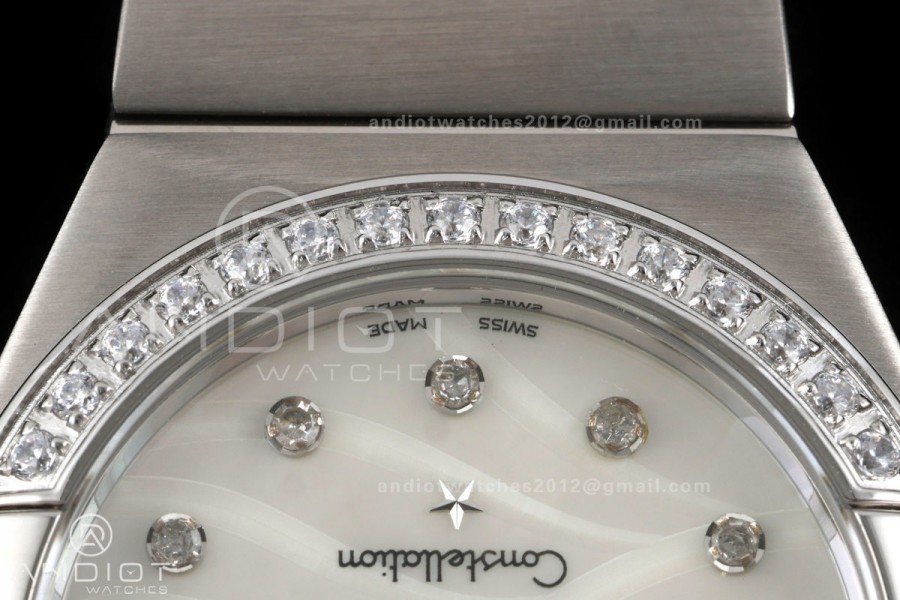 Constellation 28mm SS 8848F 1:1 Best Edition White MOP Textured Dial Diamonds Bezel on SS Bracelet ETA Quartz