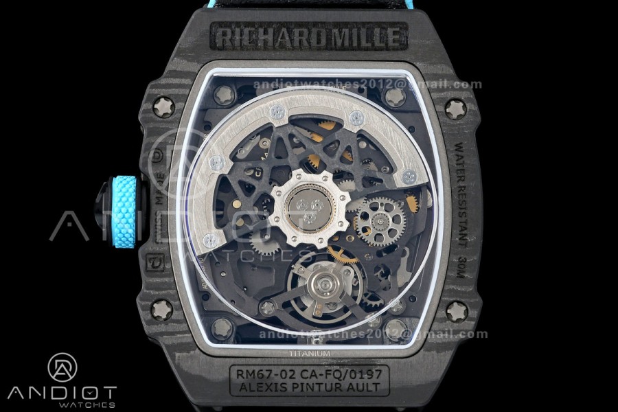 AVF RM67-02 NTPT Baby Blue Skeleton Dial on Baby Blue Elastic strap CRMA7 Clone V2