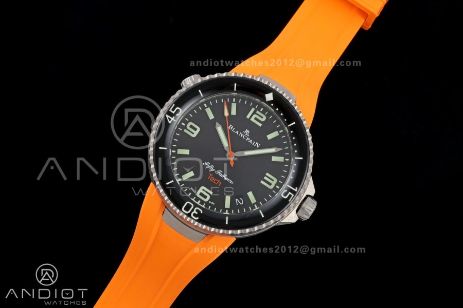 Fifty Fathoms Tech 45 Titanium Case TWF 1:1 Best Edition Black Dial on Orange Rubber Strap A1315A