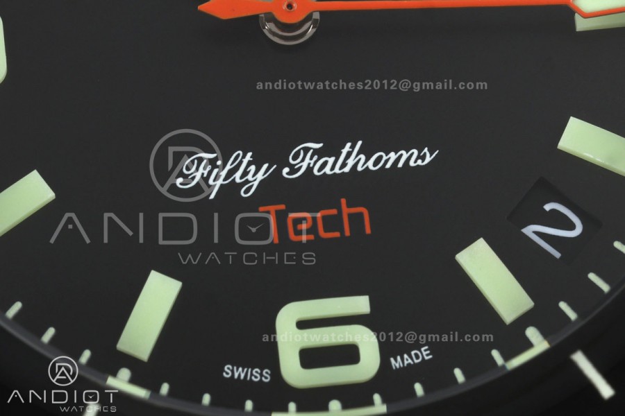 Fifty Fathoms Tech 45 Titanium Case TWF 1:1 Best Edition Black Dial on Orange Rubber Strap A1315A