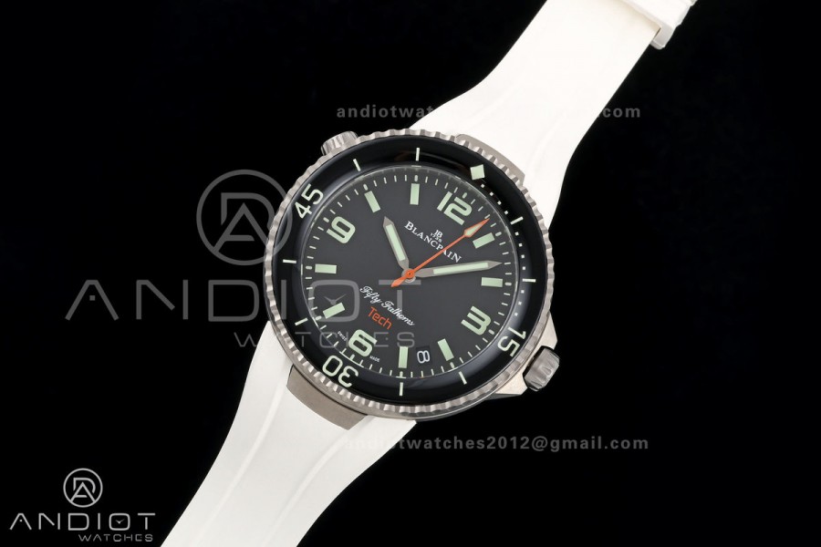 Fifty Fathoms Tech 45 Titanium Case TWF 1:1 Best Edition Black Dial on White Rubber Strap A1315A