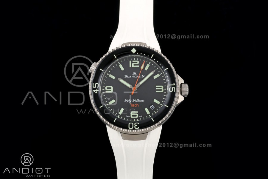 Fifty Fathoms Tech 45 Titanium Case TWF 1:1 Best Edition Black Dial on White Rubber Strap A1315A
