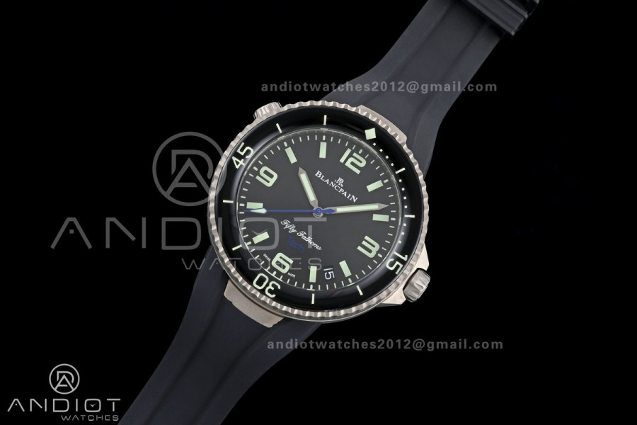 Fifty Fathoms Tech 45 Titanium Case TWF 1:1 Best Edition Black Dial Blue Hands on Black Rubber Strap A1315A