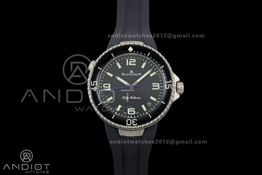 Fifty Fathoms Tech 45 Titanium Case TWF 1:1 Best Edition Black Dial Blue Hands on Black Rubber Strap A1315A