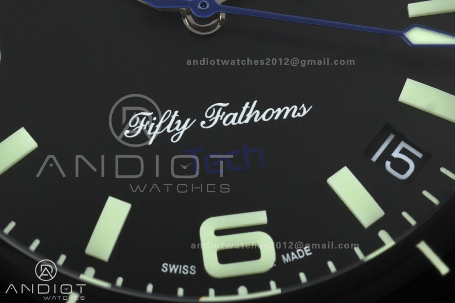Fifty Fathoms Tech 45 Titanium Case TWF 1:1 Best Edition Black Dial Blue Hands on Black Rubber Strap A1315A