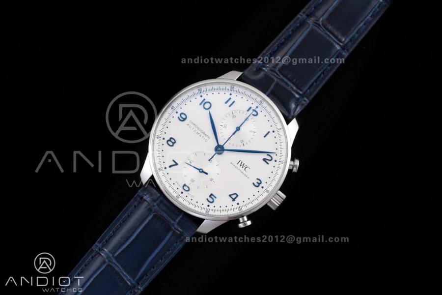 Portuguese Chrono IW371446 SS APSF 1:1 Best Edition Silver Dial Blue Marker On Blue Leather Strap Asian Super Clone 69355