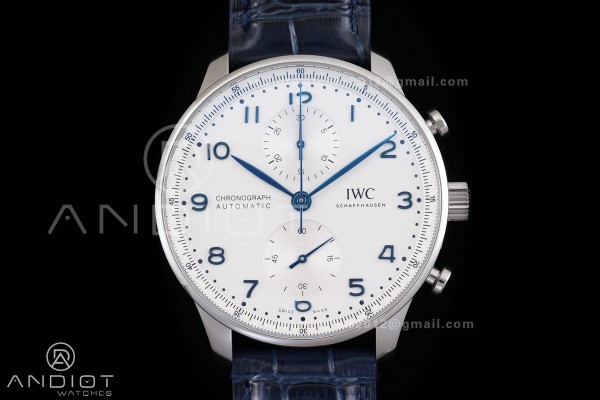 Portuguese Chrono IW371446 SS APSF 1:1 Best Edition Silver Dial Blue Marker On Blue Leather Strap Asian Super Clone 69355