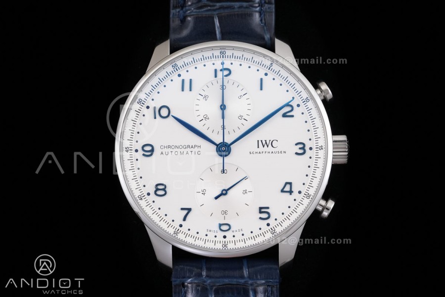 Portuguese Chrono IW371446 SS APSF 1:1 Best Edition Silver Dial Blue Marker On Blue Leather Strap Asian Super Clone 69355