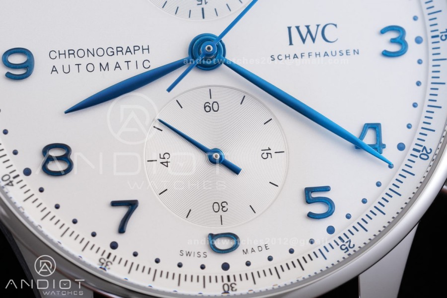 Portuguese Chrono IW371446 SS APSF 1:1 Best Edition Silver Dial Blue Marker On Blue Leather Strap Asian Super Clone 69355