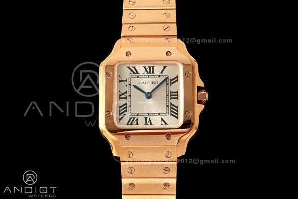Santos de Cartier 27mm RG AF 1:1 Best Edition Silver Dial On RG SmartLinks Bracelet Ronda Quartz